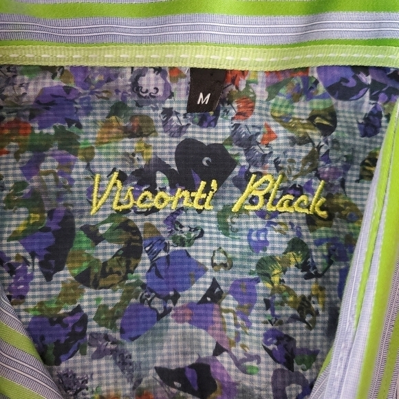 Visconti Black Medium Button up Shirt Green Blue Stripes Long Sleeve Metallic - Picture 3 of 16